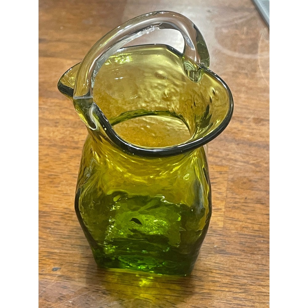 Vintage Olive Green Hand Blown Art Glass Basket Crinkle Texture MCM 6 inch